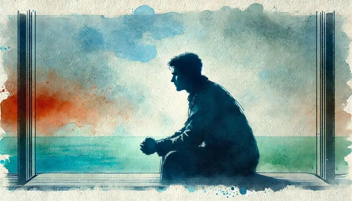 A water color painting of a pensive and sad man looking off into the distance.