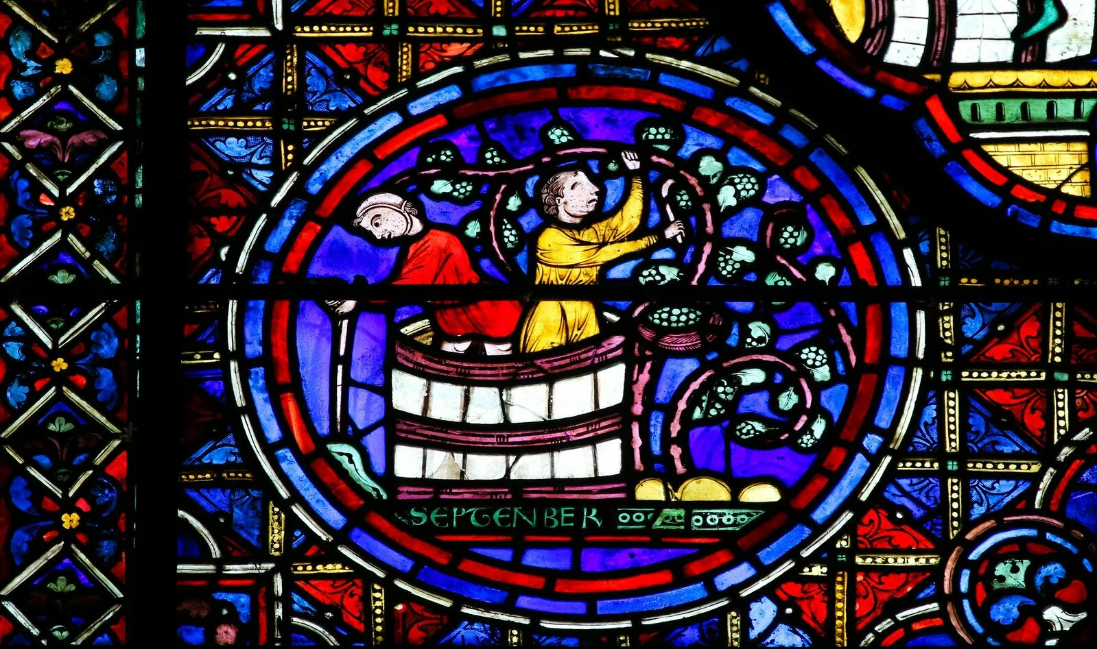 stained glass of people working