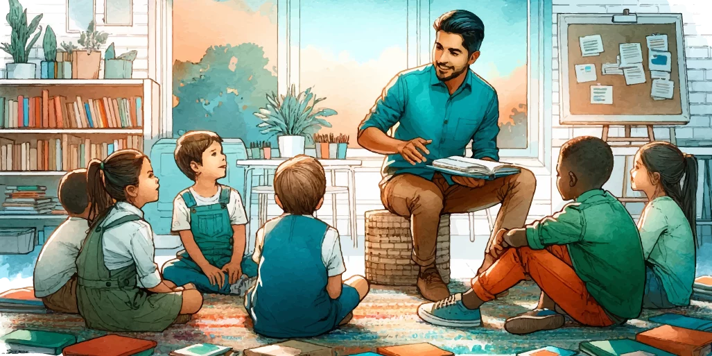 A watercolor painting of a male teacher tteaching a class of young students.