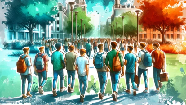 A group of young men are walking on a college campus. Painted in a water color style.