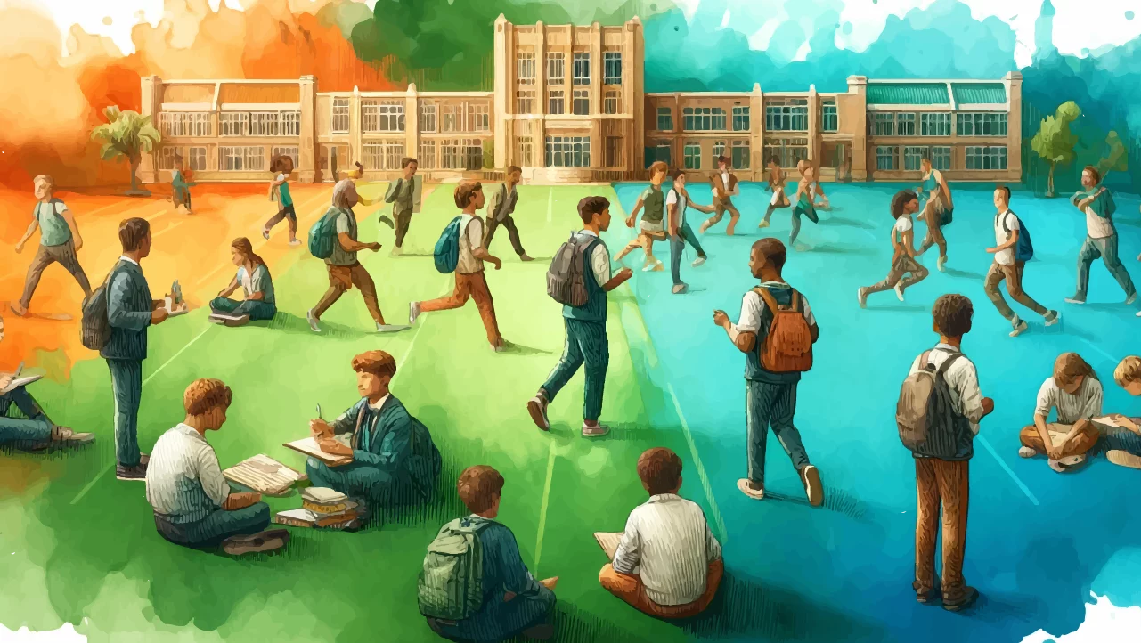 A water color painting of kids interacting in front of a school