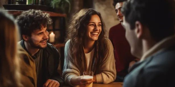 men and women chatting around a table