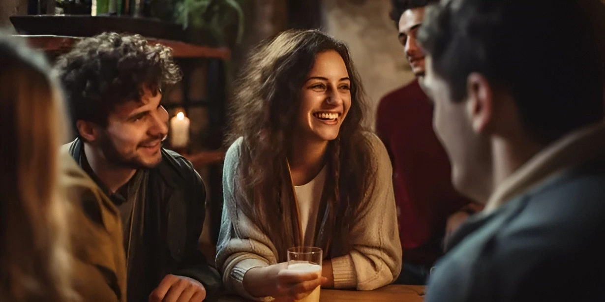 men and women chatting around a table