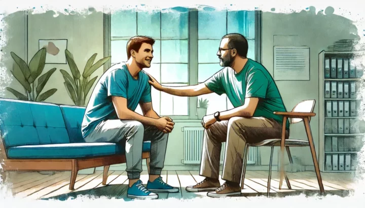  2024/09/DALL·E-2024-09-17-15.38.54-A-horizontal-watercolor-style-thumbnail-image-of-a-male-social-worker-dressed-even-more-casually-interacting-with-a-client.-The-scene-should-depict-a-e1727133224687.webp 