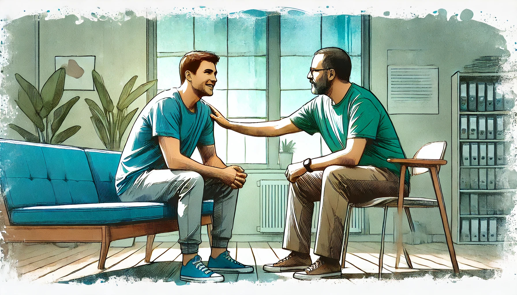  2024/09/DALL·E-2024-09-17-15.38.54-A-horizontal-watercolor-style-thumbnail-image-of-a-male-social-worker-dressed-even-more-casually-interacting-with-a-client.-The-scene-should-depict-a.webp 