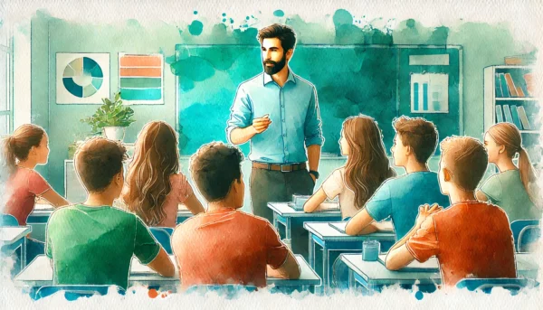 a watercolor depiction of a male teacher in front of a classroom