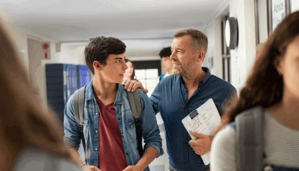 A high school boy getting career advice from a teacher. A high school boy getting career advice from a teacher.