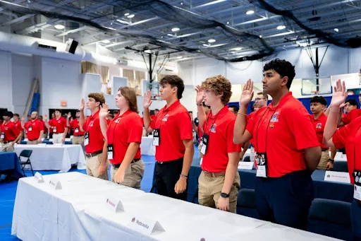 A group of boys swearing an oath at Boys Nation 2024.