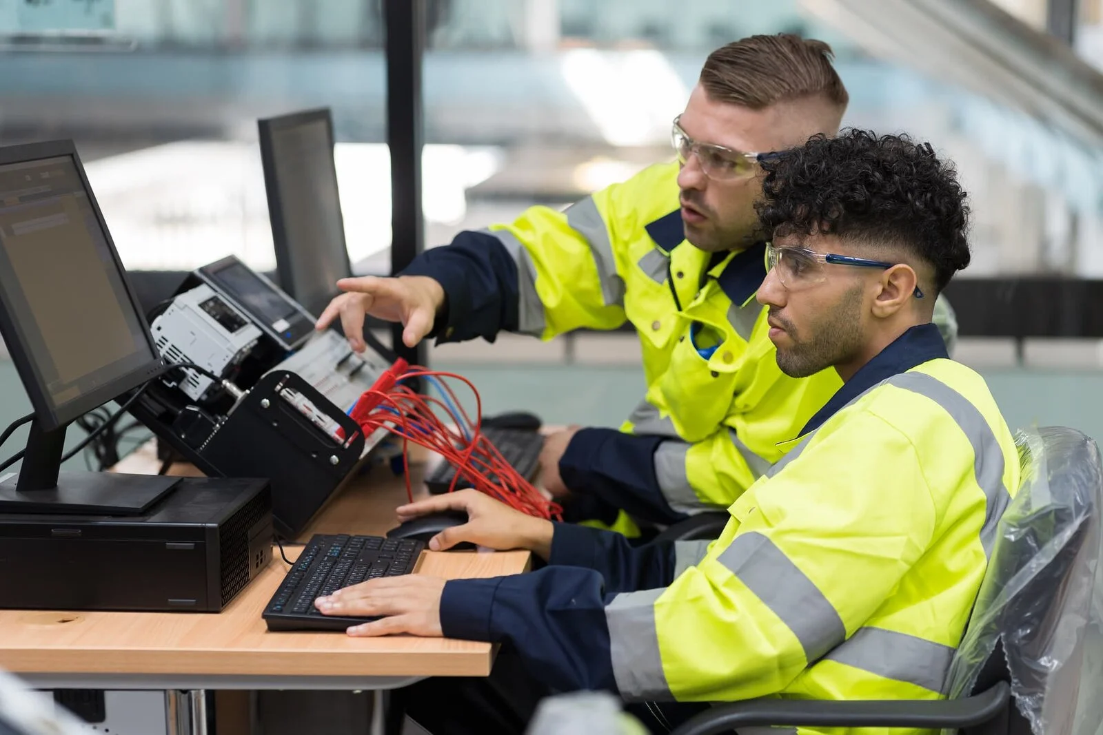 Two men in safety vests using computers for hands-on technical workforce training session