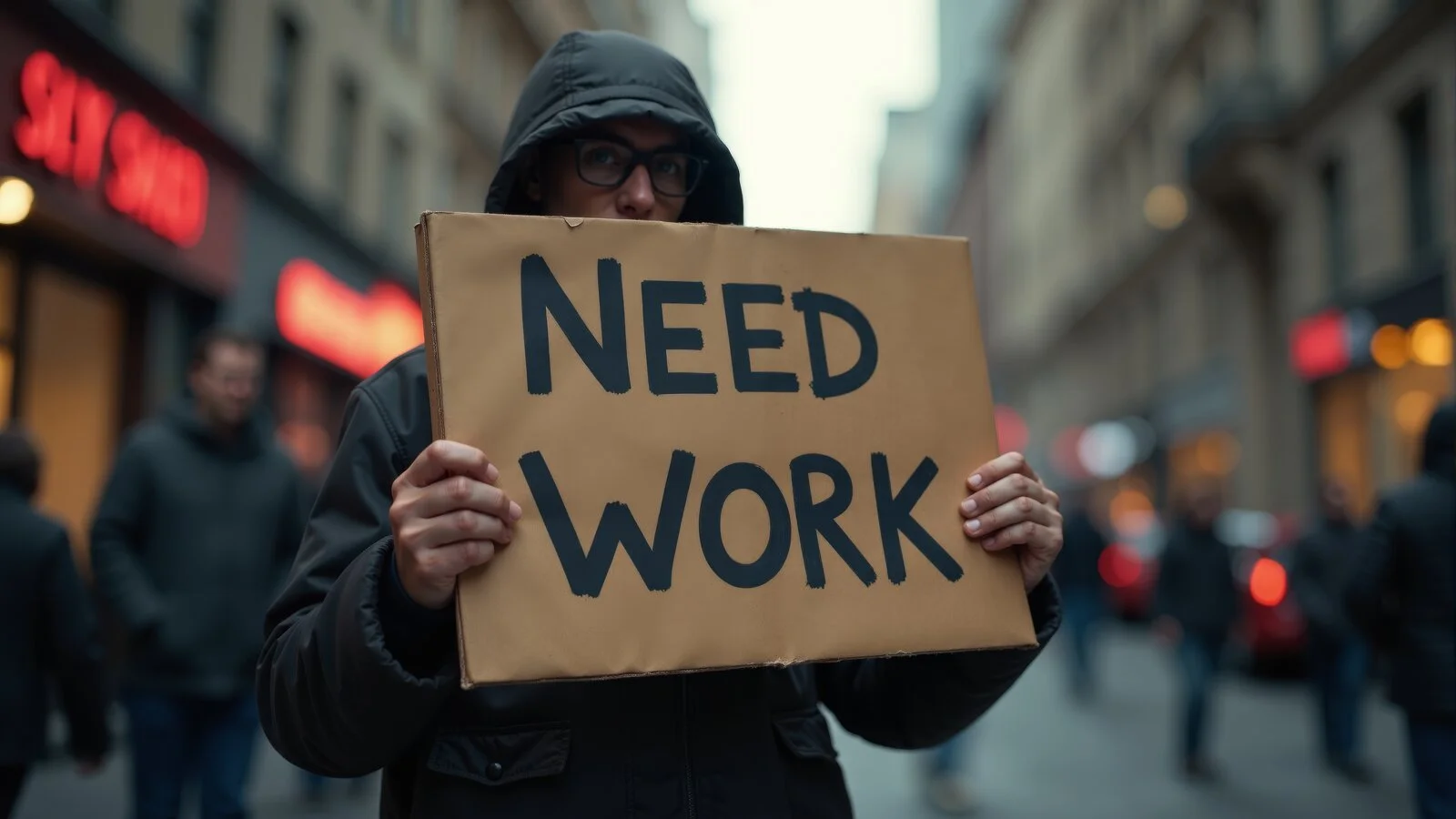 In a bustling city street, a man in a hat holds a cardboard sign reading Need work