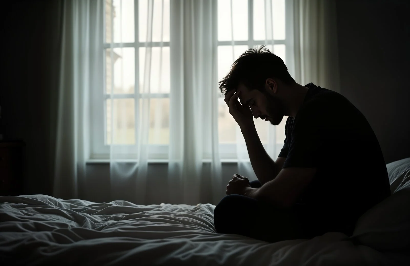 Depressed man sits sadly on bed in dark bedroom.