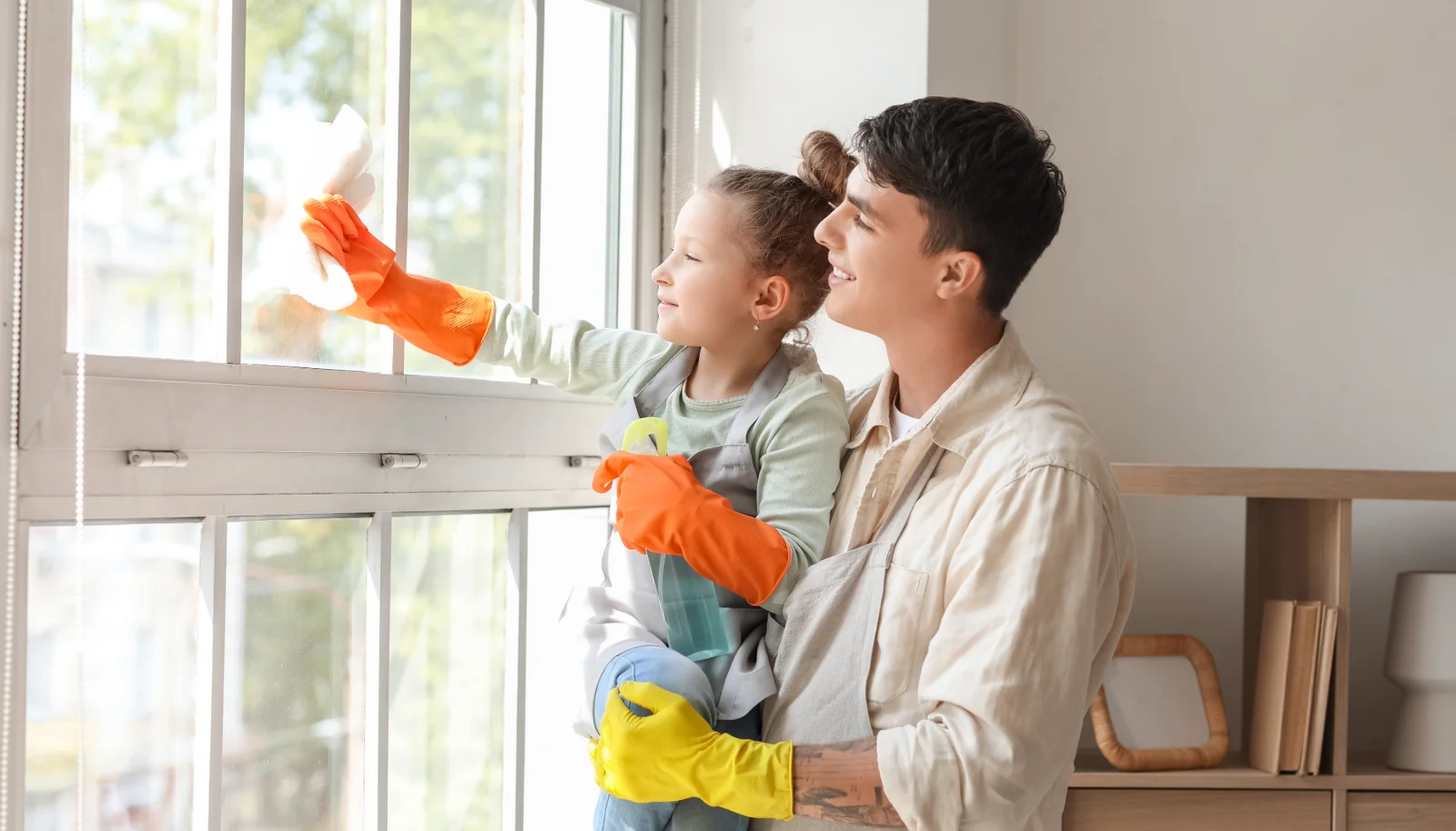 Father and daughter cleaning window
