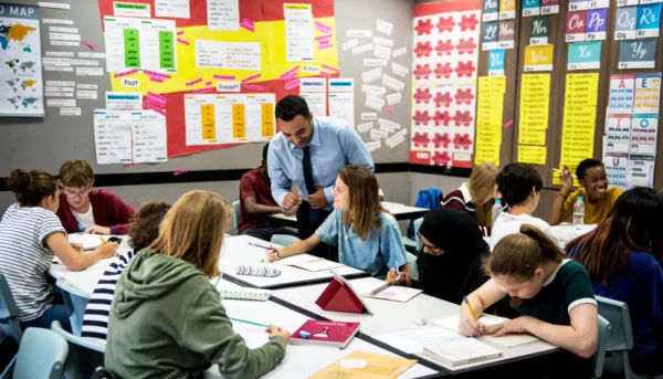 Male teacher talks to student in a full classroom