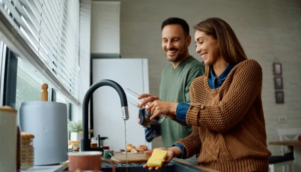Couple washes dishes together
